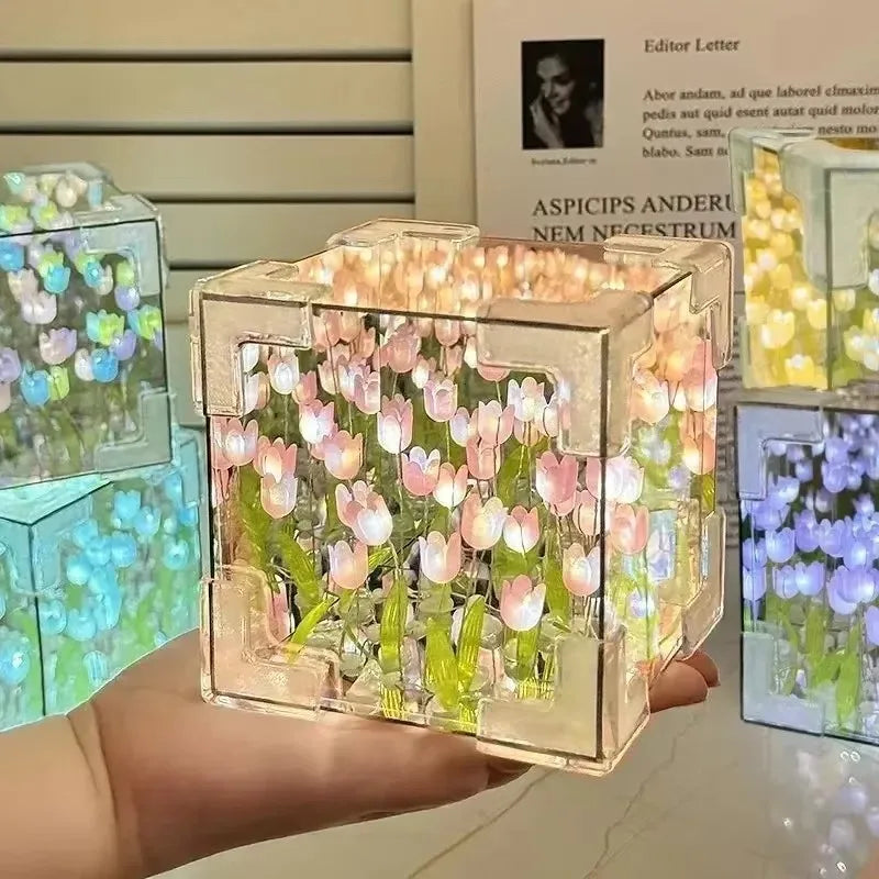 Handmade DIY Tulip Mirror Cube Lamp - Romantic Flower Table Lamp for Valentine's Day & Home Decor Gift for Girlfriend
