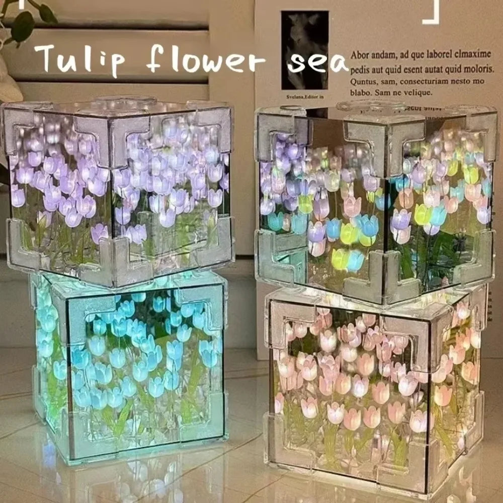 Handmade DIY Tulip Mirror Cube Lamp - Romantic Flower Table Lamp for Valentine's Day & Home Decor Gift for Girlfriend