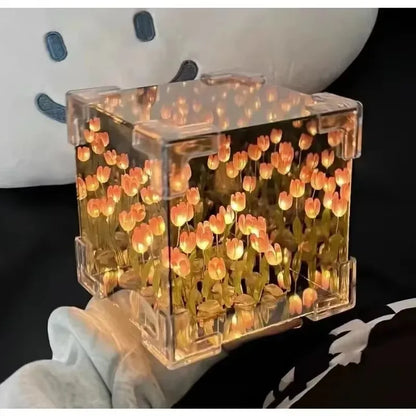 Handmade DIY Tulip Mirror Cube Lamp - Romantic Flower Table Lamp for Valentine's Day & Home Decor Gift for Girlfriend