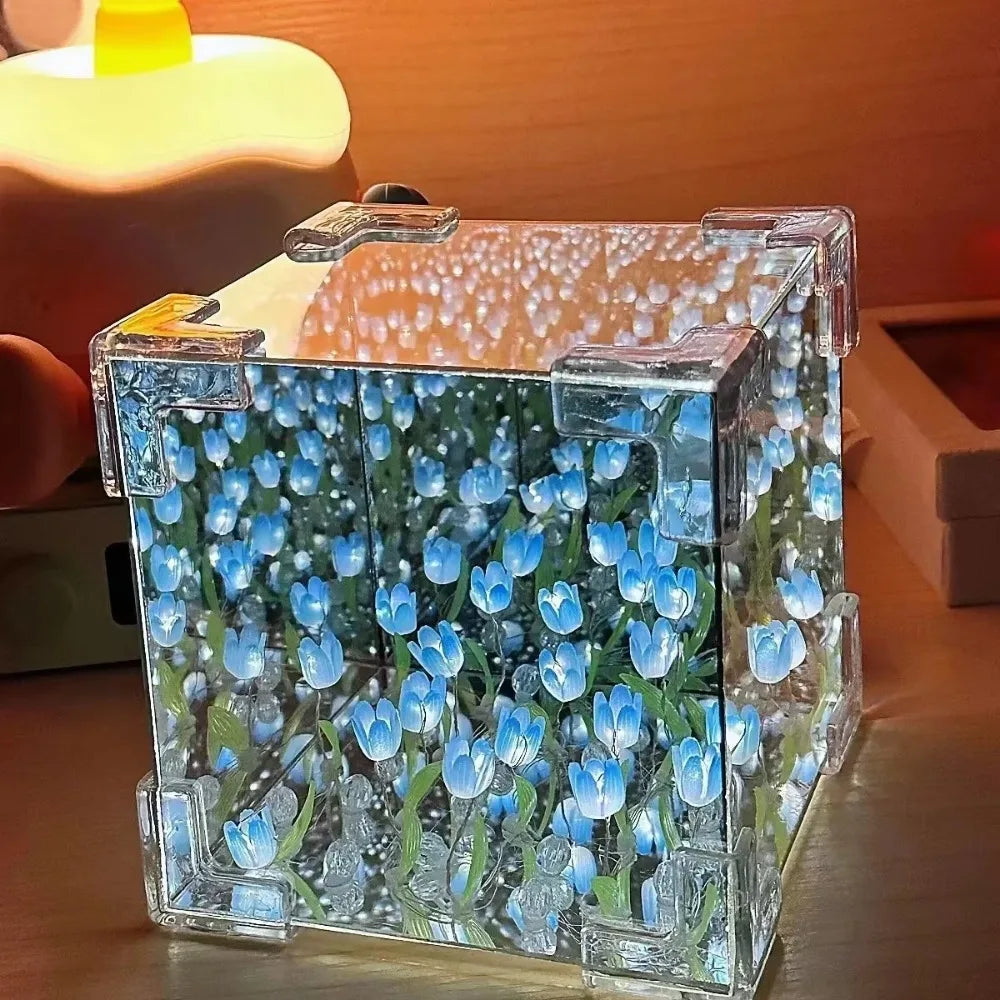 Handmade DIY Tulip Mirror Cube Lamp - Romantic Flower Table Lamp for Valentine's Day & Home Decor Gift for Girlfriend