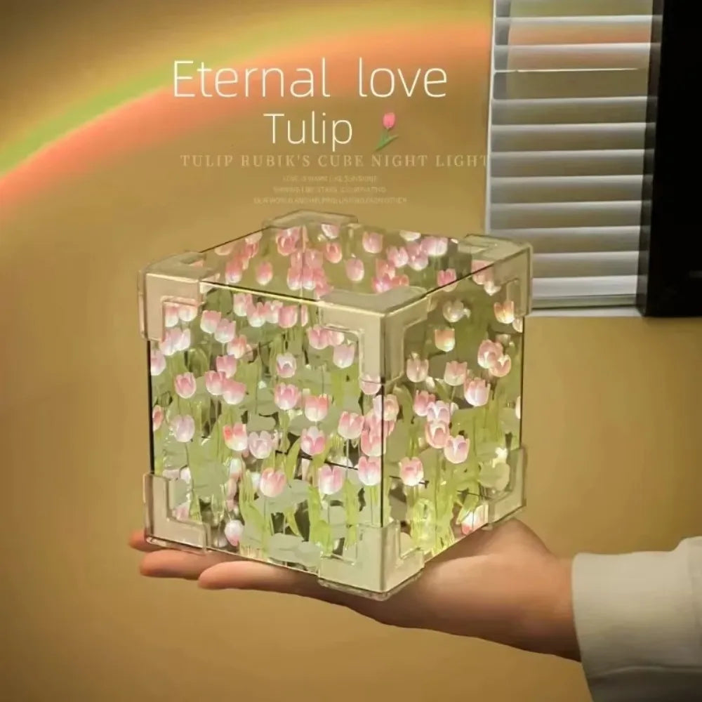 Handmade DIY Tulip Mirror Cube Lamp - Romantic Flower Table Lamp for Valentine's Day & Home Decor Gift for Girlfriend