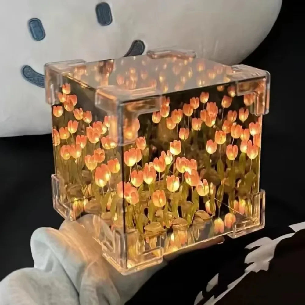 Handmade DIY Tulip Mirror Cube Lamp - Romantic Flower Table Lamp for Valentine's Day & Home Decor Gift for Girlfriend