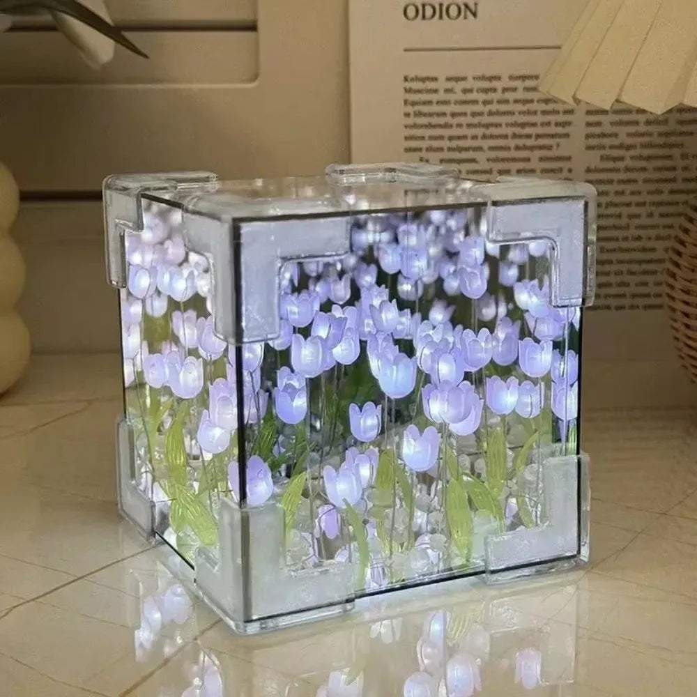 Handmade DIY Tulip Mirror Cube Lamp - Romantic Flower Table Lamp for Valentine's Day & Home Decor Gift for Girlfriend